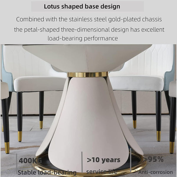 English Elm Round Sintered Stone Dining Set Sculptural Petal Base Six Pu Leather Chairs Modern W509S00183
