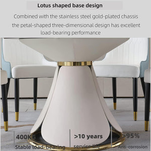 English Elm Round Sintered Stone Dining Set Sculptural Petal Base Six Pu Leather Chairs Modern W509S00184
