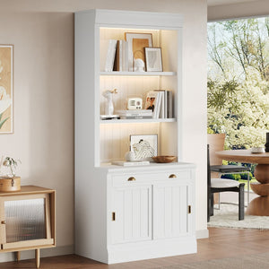 English Elm 83.4"tall Bookcase with Led Shelves Sliding Doors Open Storage Modern White N751S379858K