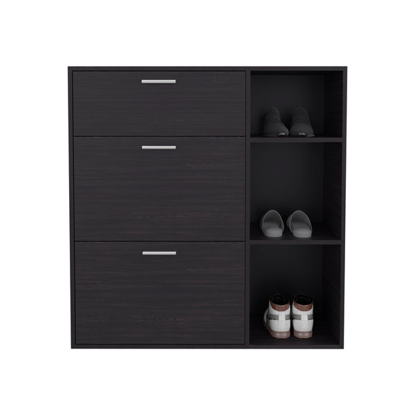 English Elm Sierra Wenge Shoe Cabinet with 2 Tilt-Outs, Top Drawer & 3 Open Side Shelves – Vertical Storage, Scratch-Resistant Finish B128P375277