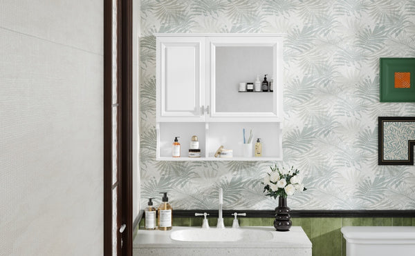 English Elm 30 30 Inch Mirror Medicine Cabinet with Half-Moon Design, Soft-Close Hinges, Open Shelf & Solid-Wood Frame White N710P322812K