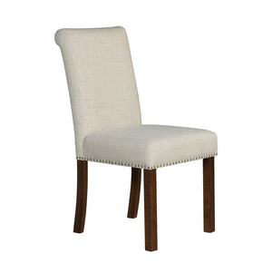 English Elm Upholstered Beige Dining Chairs Set of 2 with Silver Nailhead Trim, Rollback Design & Walnut Legs B035P265991