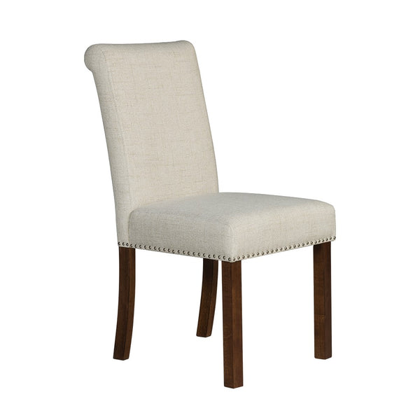 English Elm Upholstered Beige Dining Chairs Set of 2 with Silver Nailhead Trim, Rollback Design & Walnut Legs B035P265991