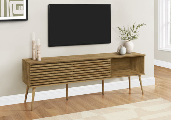 English Elm Tv Stand 72" Walnut Laminate Media Console with Sliding Doors, Open Shelves, Cable Management, Retro Legs B2710P219124