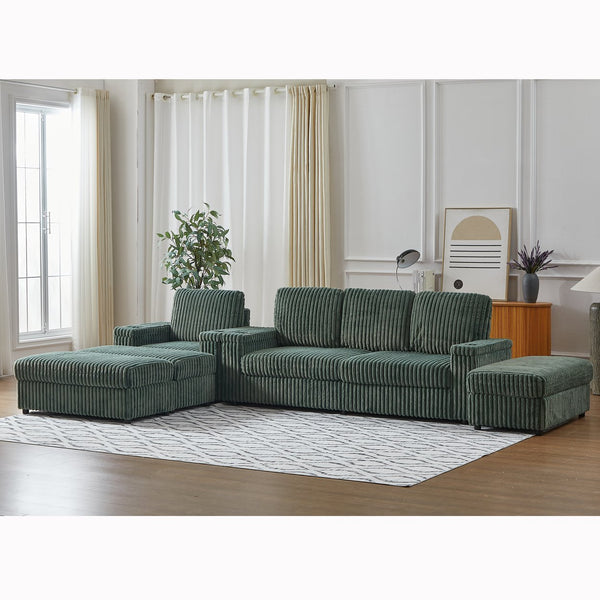 English Elm Corduroy minimalist coffee table conversion sofa set with cup grooves, recliner comfort and L-shaped layout for hosting Green W834S00549