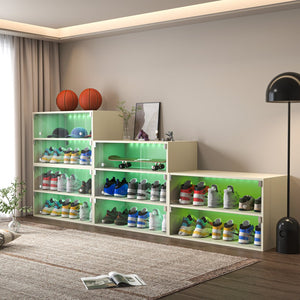 English Elm Off White Led Shoe Box Display Cabinet - 3-Tier Glass Door Storage For 6 Sneakers With Lights W1320P183134