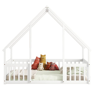 English Elm Full House-Shaped Floor Bed with Fence and Guardrails, Pine Wood Play Loft for Imaginative Kids Retreat White W504P143294