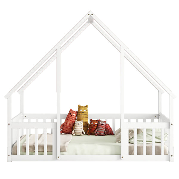 English Elm Full House-Shaped Floor Bed with Fence and Guardrails, Pine Wood Play Loft for Imaginative Kids Retreat White W504P143294