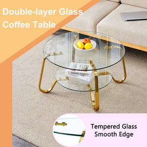 English Elm Retro Industrial Square Coffee Table Dual Tier Tempered Glass and Powder Coated Metal Frame Gold W3875P373155