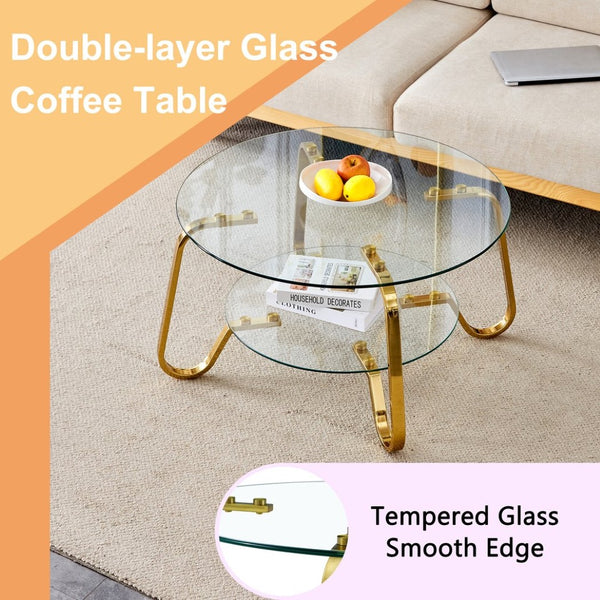 English Elm Retro Industrial Square Coffee Table Dual Tier Tempered Glass and Powder Coated Metal Frame Gold W3875P373155