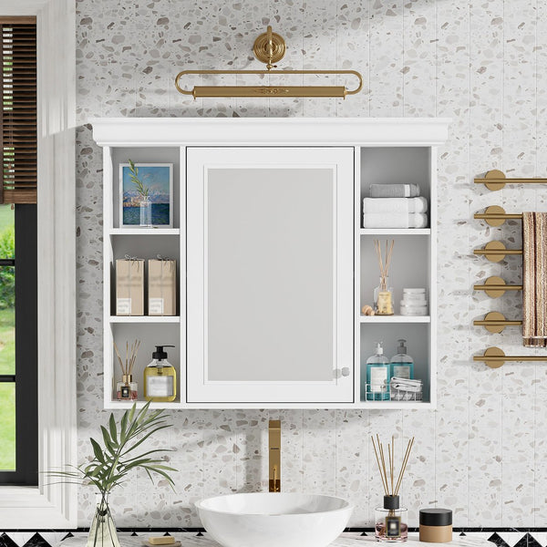 English Elm 35'' 35' 35'' x 28'' Wall Mounted Medicine Cabinet with Mirror Door, Modern MDF Storage with Towel Rod White N710P196545K