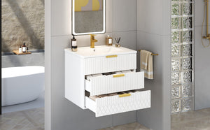 English Elm 24inch Bathroom Vanity with Ceramic Basin Sink, Wall-Mounted Double Drawer Cabinet for Small Baths White N710P324097K