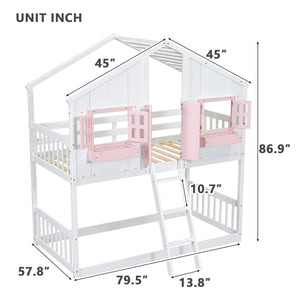 English Elm Twin House Bunk Bed with Roof, Window Box, Door, Guardrails & Ladder—Sturdy Pine Playful Design for Kids Pink+White W504S00151