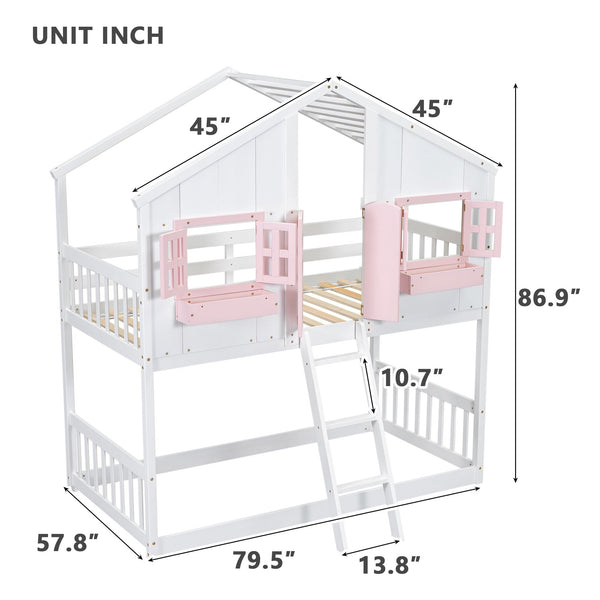 English Elm Twin House Bunk Bed with Roof, Window Box, Door, Guardrails & Ladder—Sturdy Pine Playful Design for Kids Pink+White W504S00151