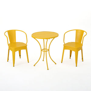 English Elm Colmar Outdoor Iron Bistro Set Powder Coated Slatted Armchairs Round Patio Table Yellow 56558.00MCY