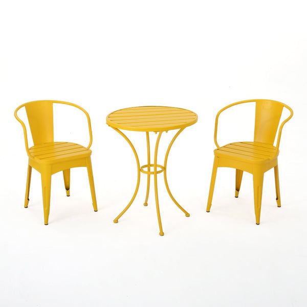 English Elm Colmar Outdoor Iron Bistro Set Powder Coated Slatted Armchairs Round Patio Table Yellow 56558.00MCY