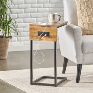 Christopher Knight Home® - Noble House - Oceola Modern Industrial Handcrafted Mango Wood C-Shaped Side Table with Charging Port, Natural and Black