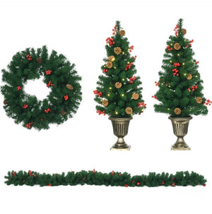 English Elm Christmas Four Piece Holiday Set with Led Lit Trees Wreath Garland Copper Pots T3971P415417