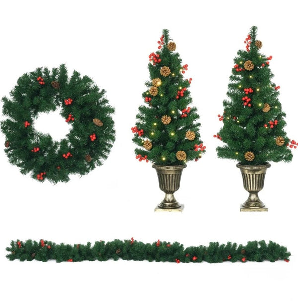 English Elm Christmas Four Piece Holiday Set with Led Lit Trees Wreath Garland Copper Pots T3971P415417