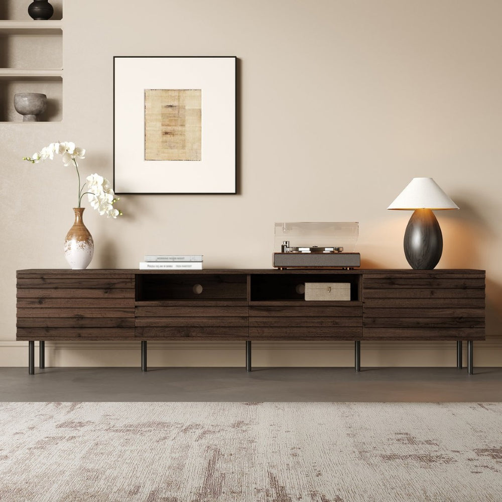 English Elm 78 Inch Walnut Media Console with Slatted Doors Iron Legs and Cable Management N710P373591Q