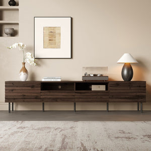 English Elm 78 Inch Walnut Media Console with Slatted Doors Iron Legs and Cable Management N710P373591Q