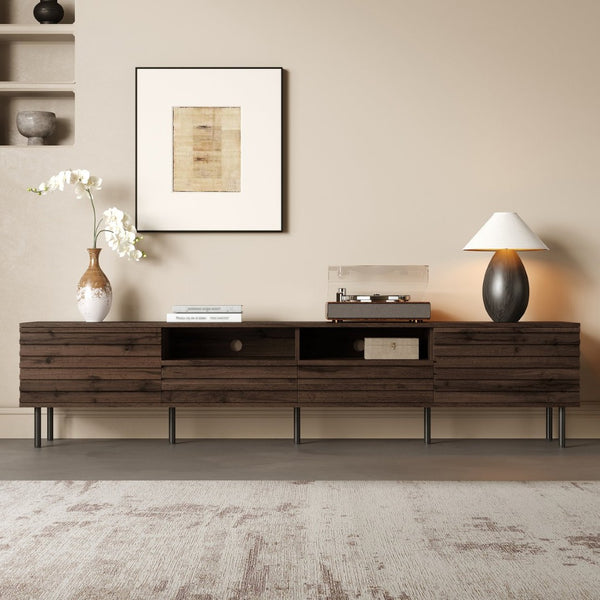 English Elm 78 Inch Walnut Media Console with Slatted Doors Iron Legs and Cable Management N710P373591Q