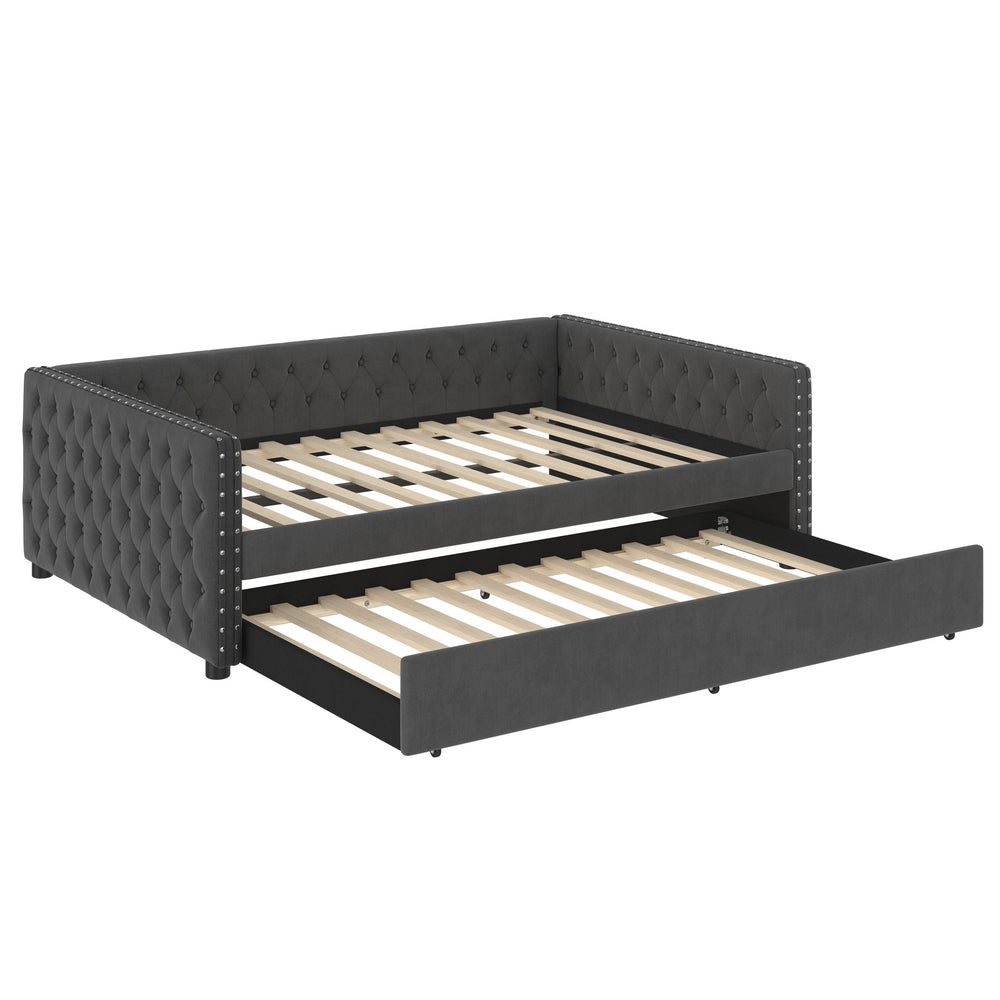 English Elm Full Size Daybed With Twin Trundle, Elegant Upholstered Sofa Bed, Button Tufted Gray Design W1580S00081