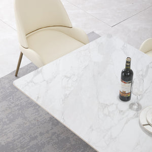 English Elm 71-Inch Gold Pedestal Dining Table with Carrara-Style Sintered Stone Top, Horseshoe Base, Easy Care W509104384