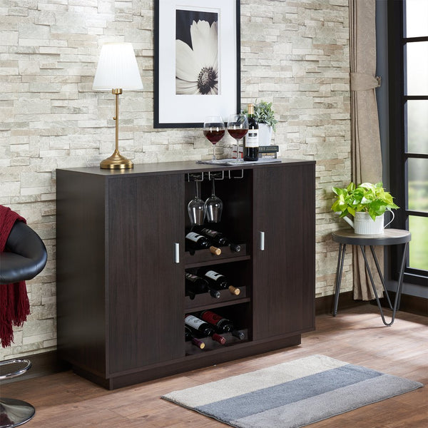 English Elm Hazen Espresso Finish Wine Cabinet II with Stemware Rack & Bottle Storage, Durable Synthetic Wood Elegance B2726P255753