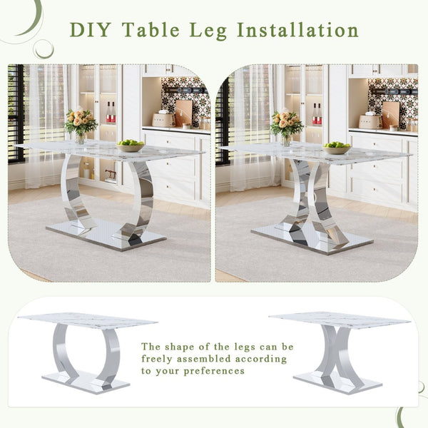 English Elm Switchable Base Glass Top Dining Set Six Pu Leather Armchairs Modern Minimalist W2920S00119