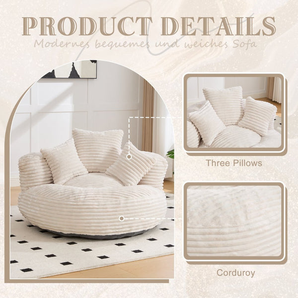 English Elm Bean Bag Sofa Oversized Corduroy Floor Lounge Chair with Armrests Pillows Foam Fill Beige W395P426811