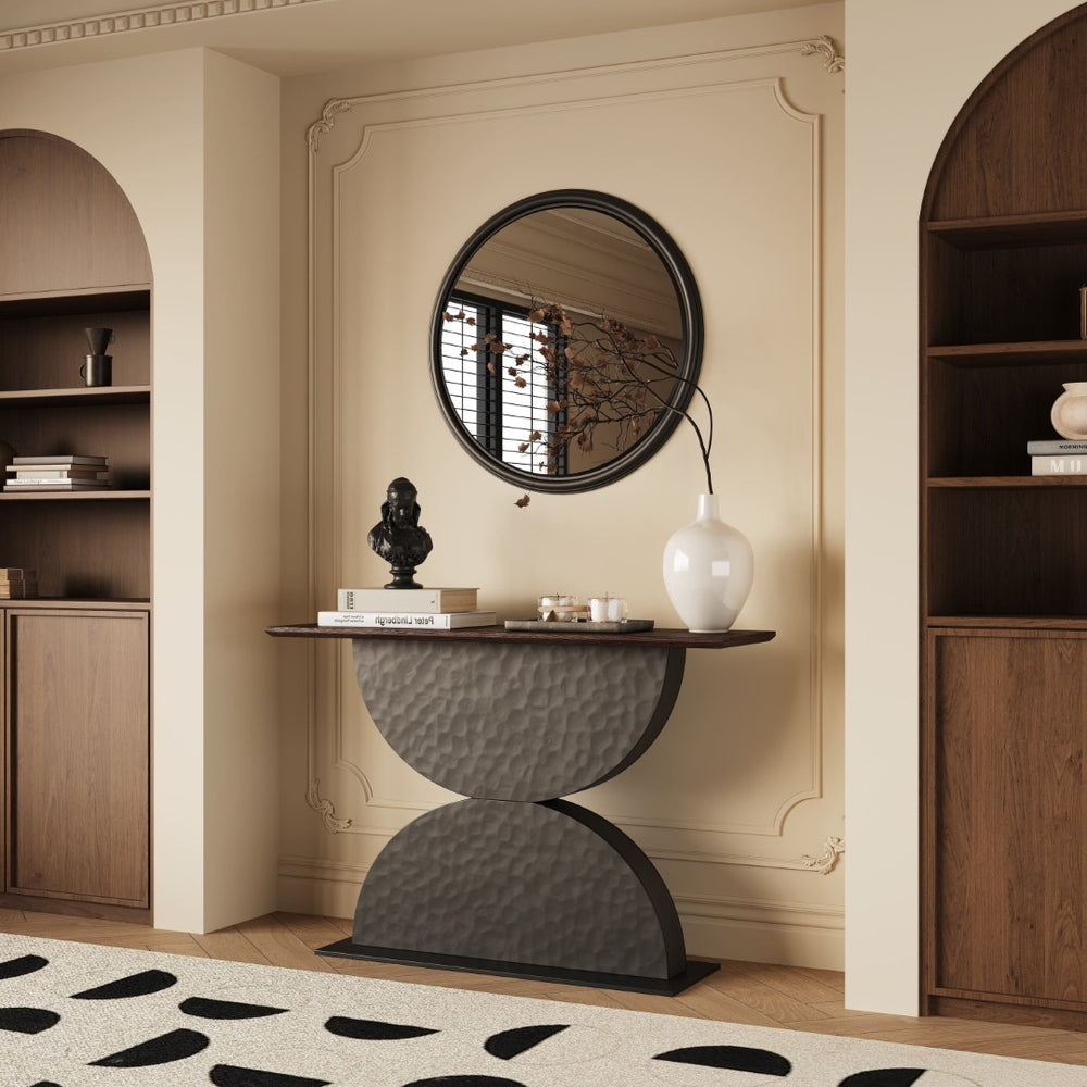 English Elm 47''double Semi-circle Console Table with Led Lighting and Sculptural Hammered Wood Base W2263P395491