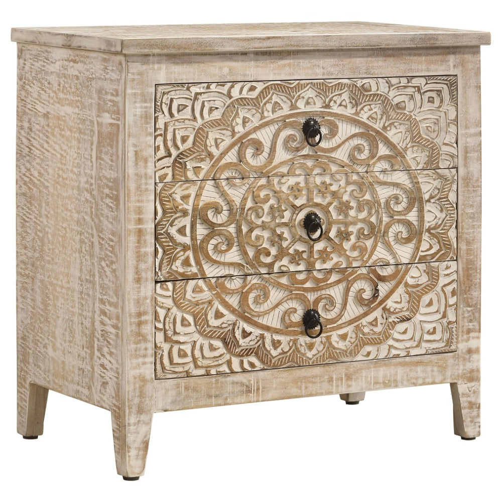 English Elm Kenzie Solid Mango Wood Cabinet with Carved Mandala Drawers in Whitewash Boho Finish B062P447820