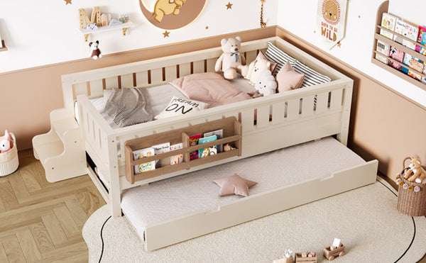 English Elm Twin Kids Platform Bed with Trundle Staircase Bookshelf and Rounded Safety Rails Beige W1580S00556