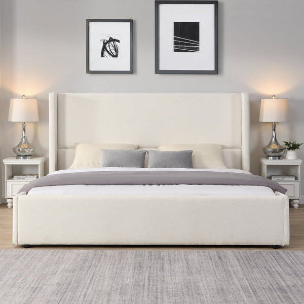 English Elm Christopher Knight Home® - Elegant White Fabric Upholstered Bed With Tall Wingback Headboard - Luxurious King Size Comfort N769P263514K
