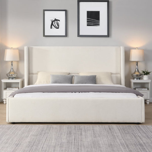 English Elm Elegant Wingback King Bed Tall White Fabric Upholstered Frame for Master Bedroom N769K370471W
