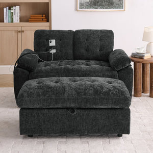English Elm Leisure Chenille Two Seat Reclining Sofa with Usb Port Storage Ottoman Padded Armrests Black W487S00521