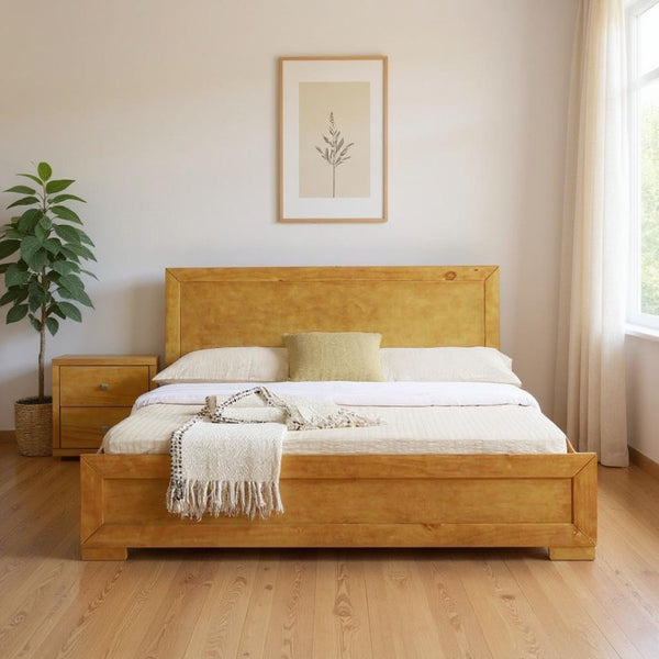 HomeRoots Moma Modern Wooden Platform Bed with Nightstand – Sleek Design, Durable Construction & Storage Solution Oak Twin 468258