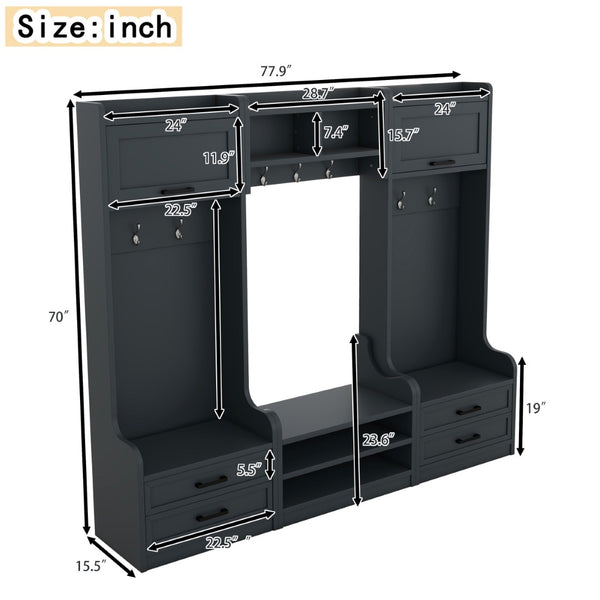 English Elm 4-in-1 Modular Entryway Hall Tree with Seven Hooks Drawers and Antique Blue Bench W1580S00491