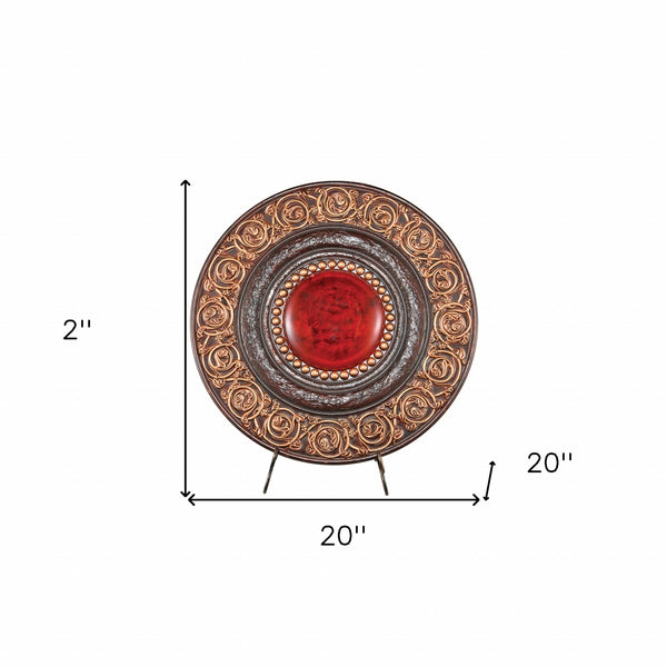 Homeroots 21" Red And Brown Round Polyresin Decorative Plaque  Polyresin 468289