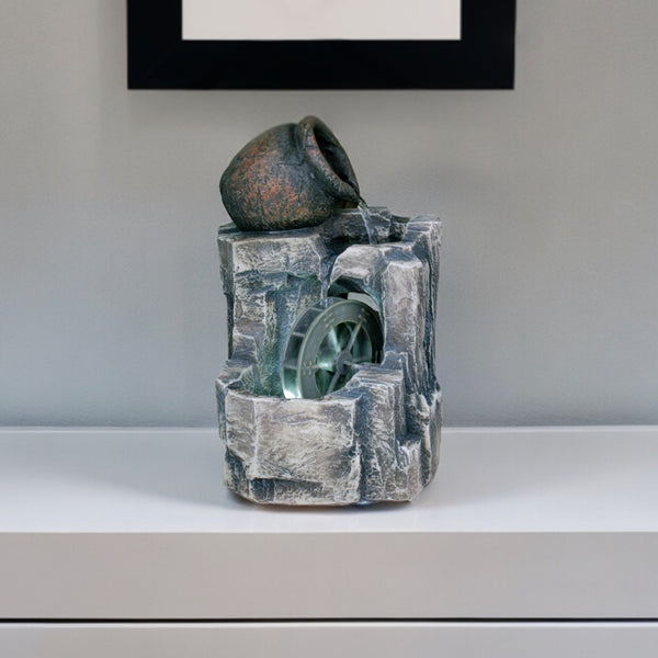 Homeroots 12" Gray Polyresin Farmhouse Design Tabletop Fountain With Light  Polyresin 468293