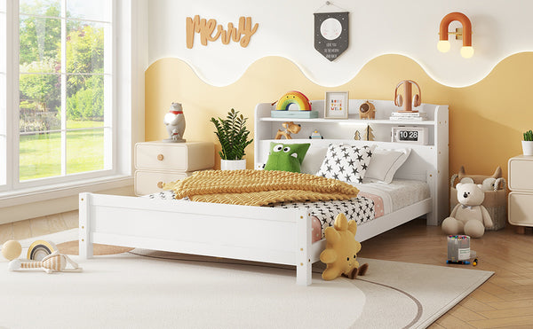 English Elm Full Pine Wood Bed with Bookcase Headboard and LED Motion Sensor Light, Guardrails & Storage Space White W504P277600