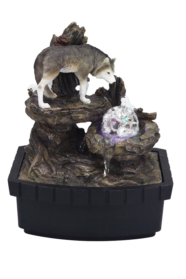 Homeroots 10" Black Polyresin Wolf Tabletop Fountain Sculpture  Polyresin 468304
