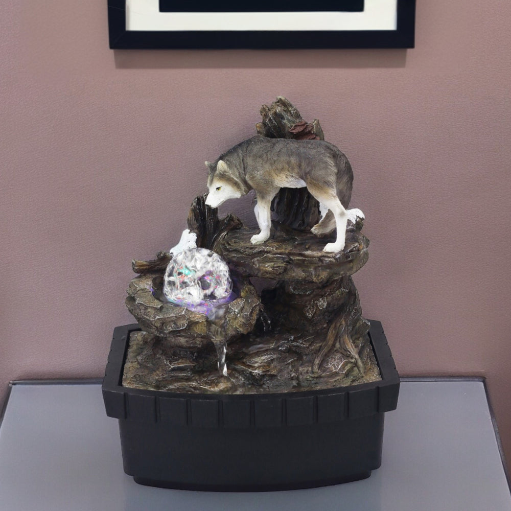 Homeroots 10" Black Polyresin Wolf Tabletop Fountain Sculpture  Polyresin 468304