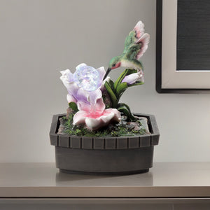 Homeroots 11" Pink Green And Brown Polyresin Hummingbird Tabletop Fountain  Polyresin 468305