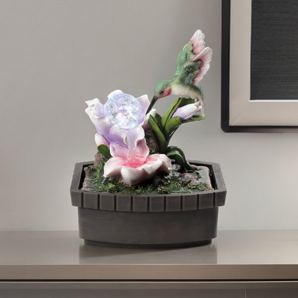 Homeroots 11" Pink Green And Brown Polyresin Hummingbird Tabletop Fountain  Polyresin 468305