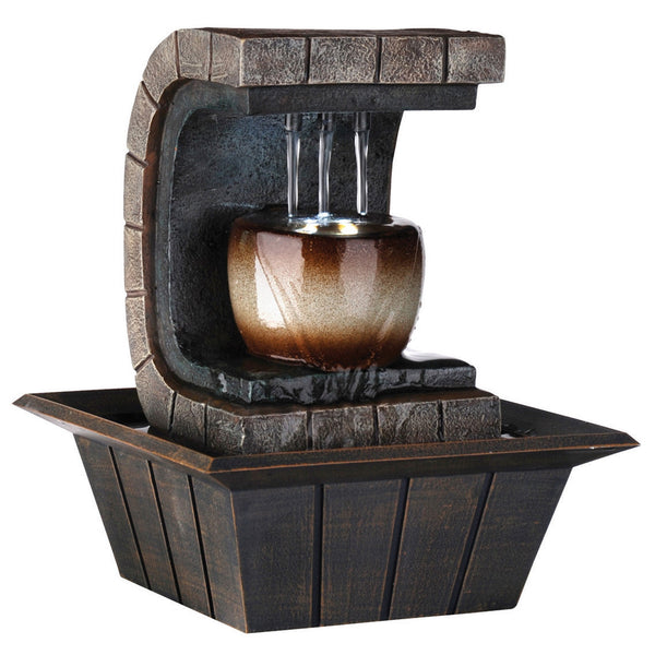 Homeroots 10" Brown Textured Polyresin Tabletop Fountain With Led Light  Polyresin 468309