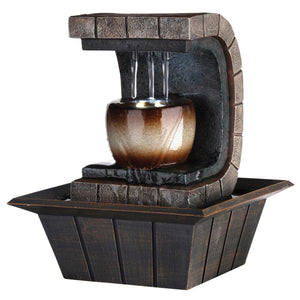 Homeroots 10" Brown Textured Polyresin Tabletop Fountain With Led Light  Polyresin 468309