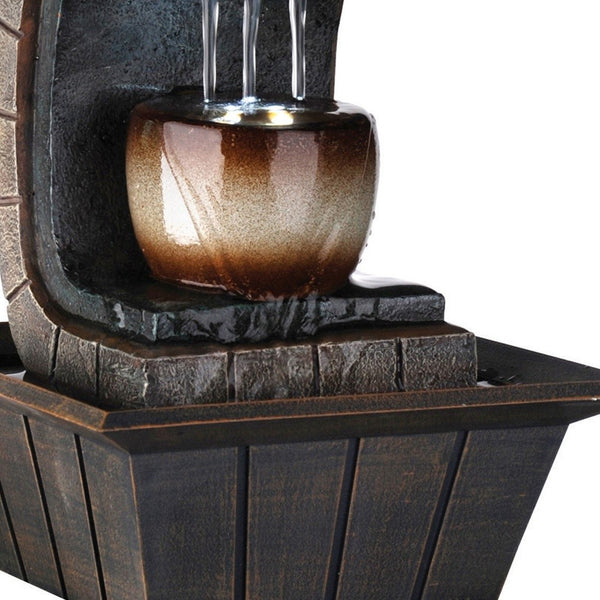 Homeroots 10" Brown Textured Polyresin Tabletop Fountain With Led Light  Polyresin 468309