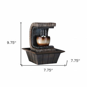 Homeroots 10" Brown Textured Polyresin Tabletop Fountain With Led Light  Polyresin 468309